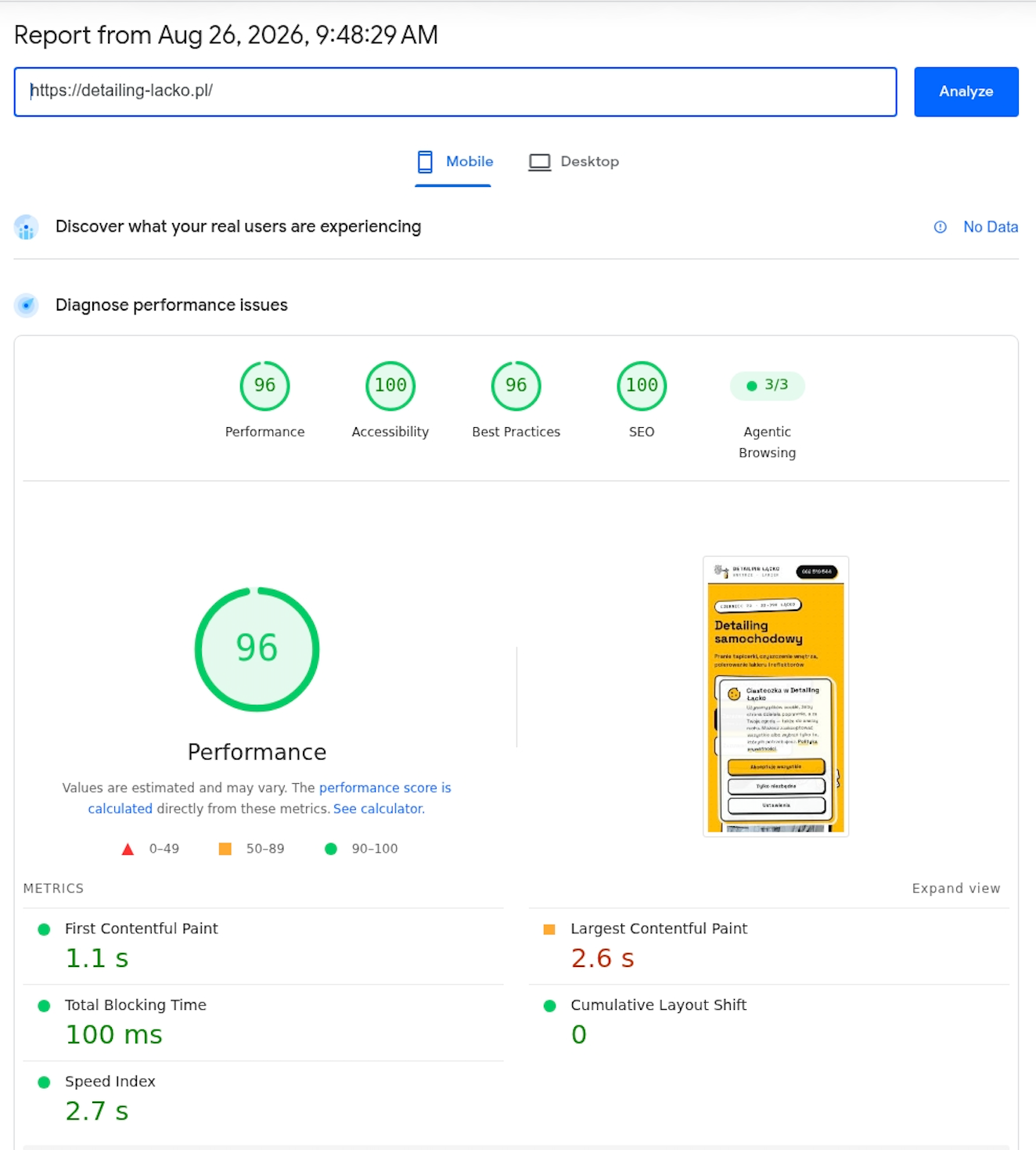 PageSpeed Insights mobile — Detailing Łącko
