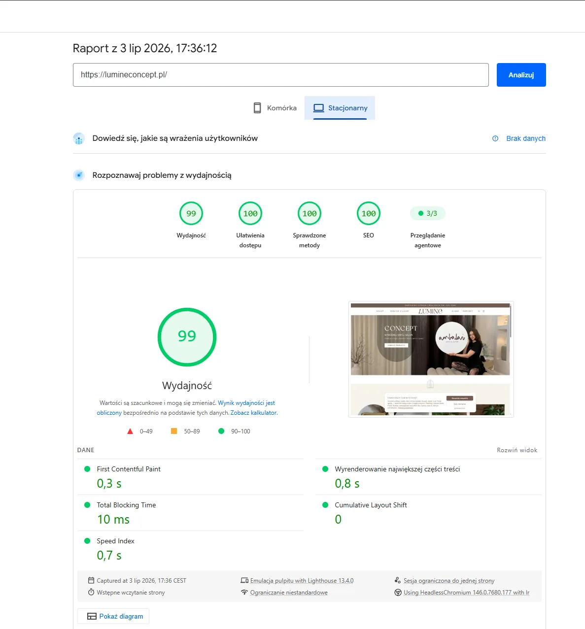 PageSpeed Insights desktop — Lumine Concept po optymalizacji, wynik 99