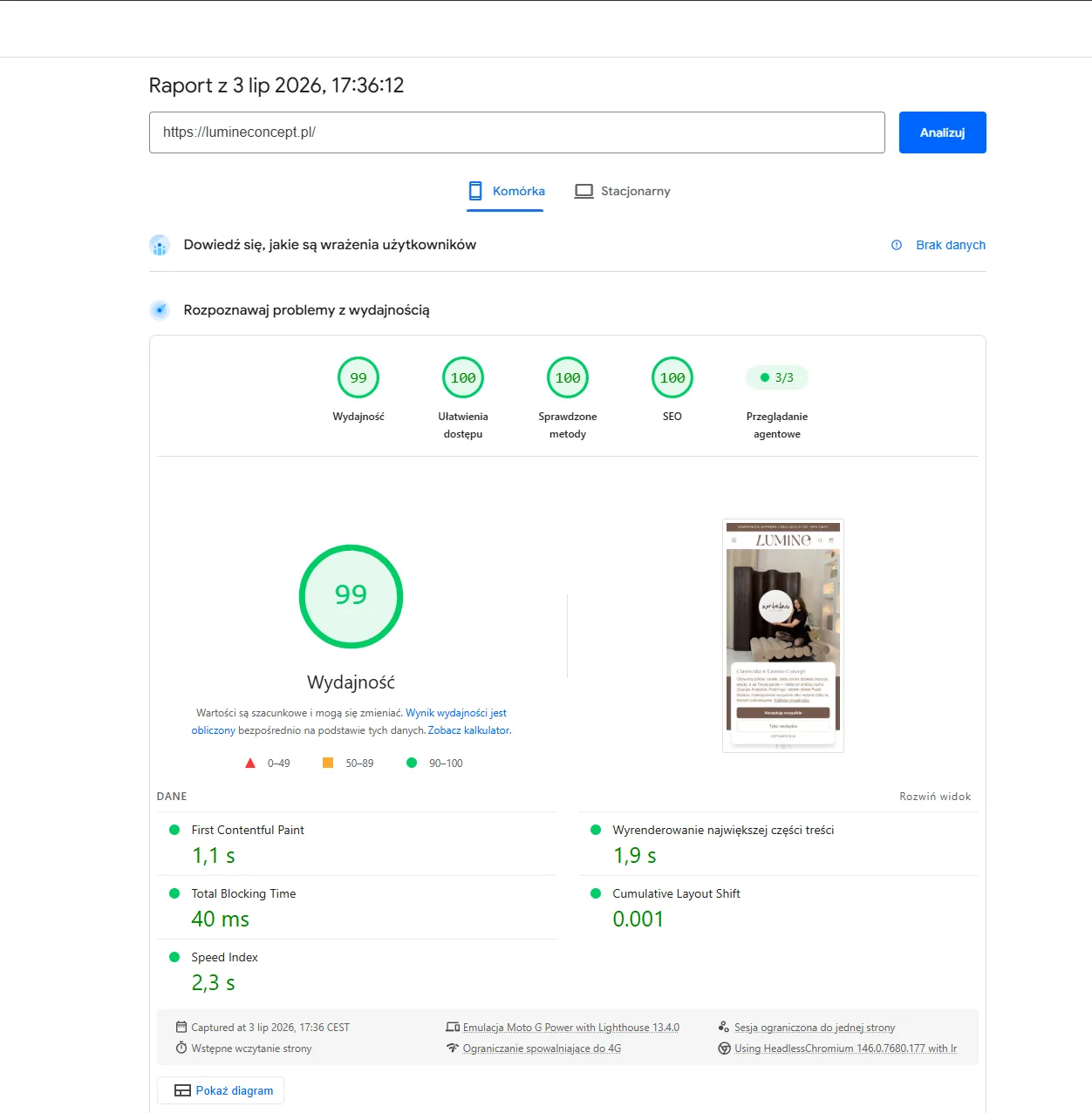 PageSpeed Insights mobile — Lumine Concept po optymalizacji, wynik 95